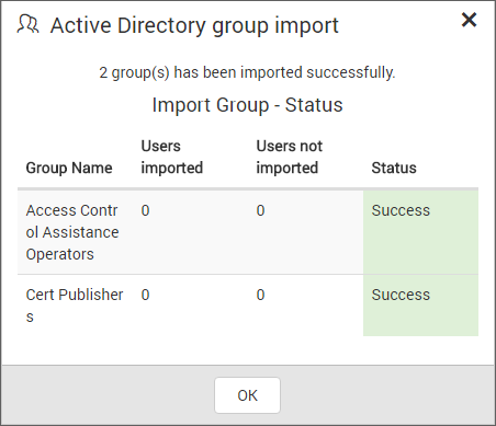 Success message after imported the Active Directory groups