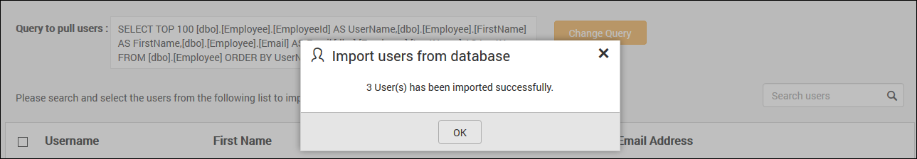 Success message after imported the Database users
