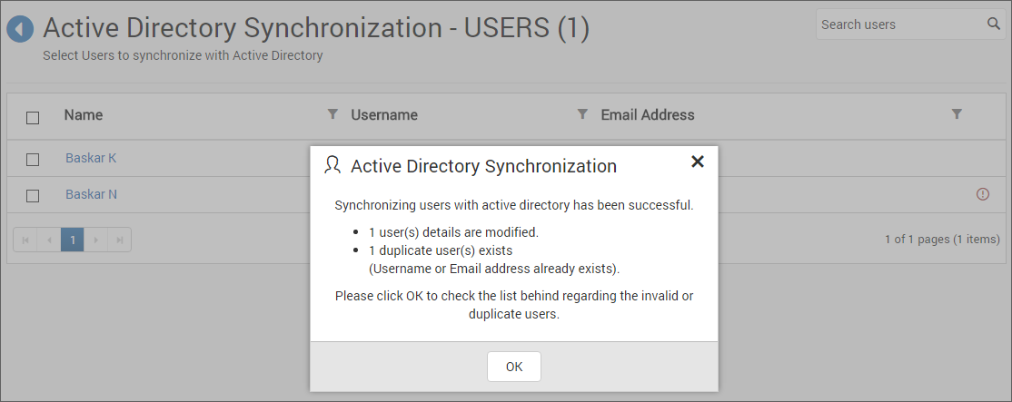 Synchronization confirmation window