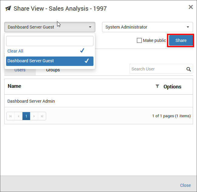 Share Dashboard View popup