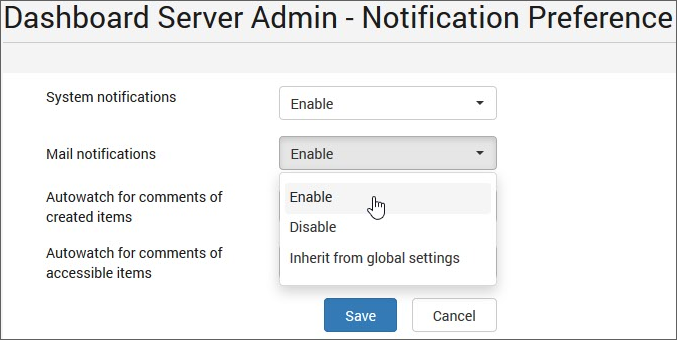 User notification settings options