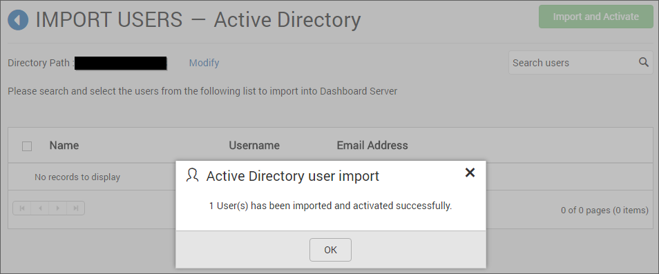 Success message after imported the Active Directory users