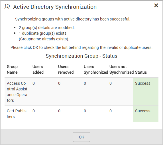 Synchronization confirmation window