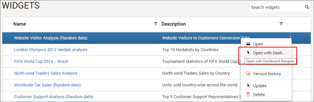open with  Dashboard Designer