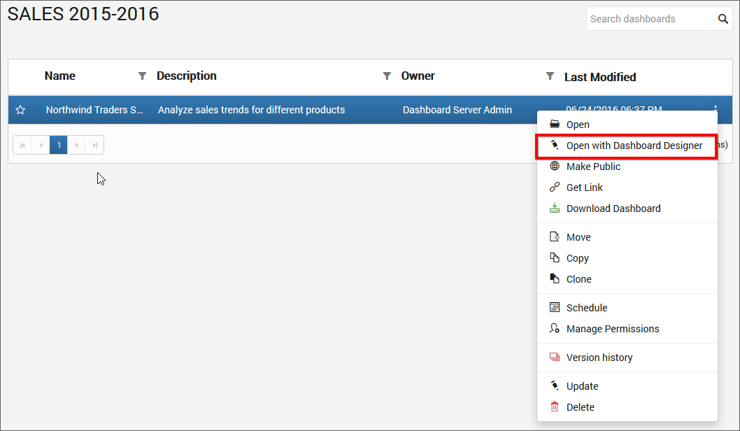 open with  Dashboard Designer