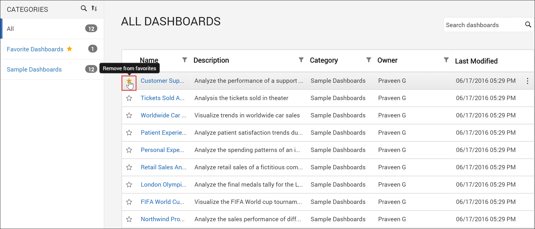 Remove Favorite Dashboard
